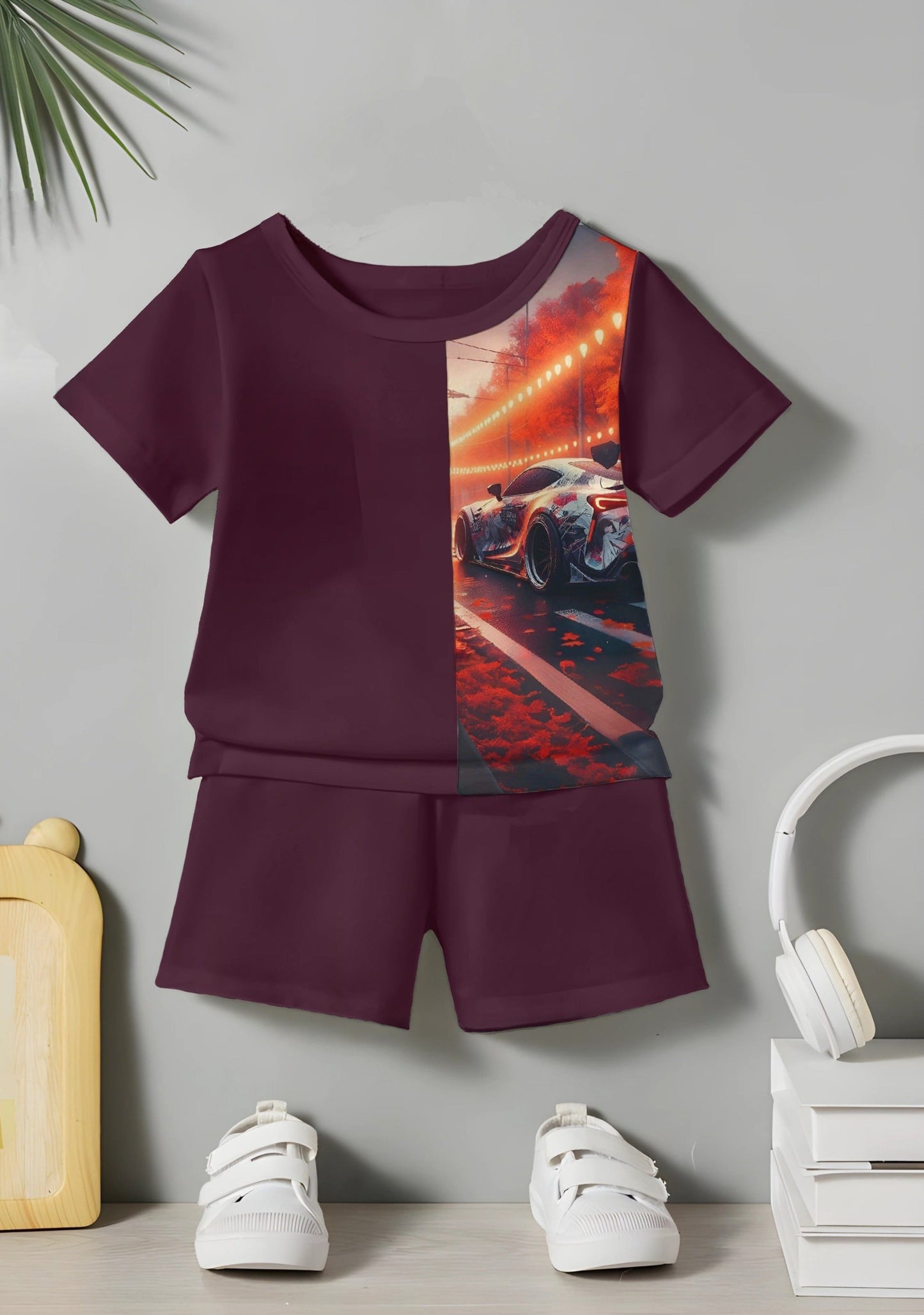 Wine VIP Car Printed T-shirt & Short Set For Kids