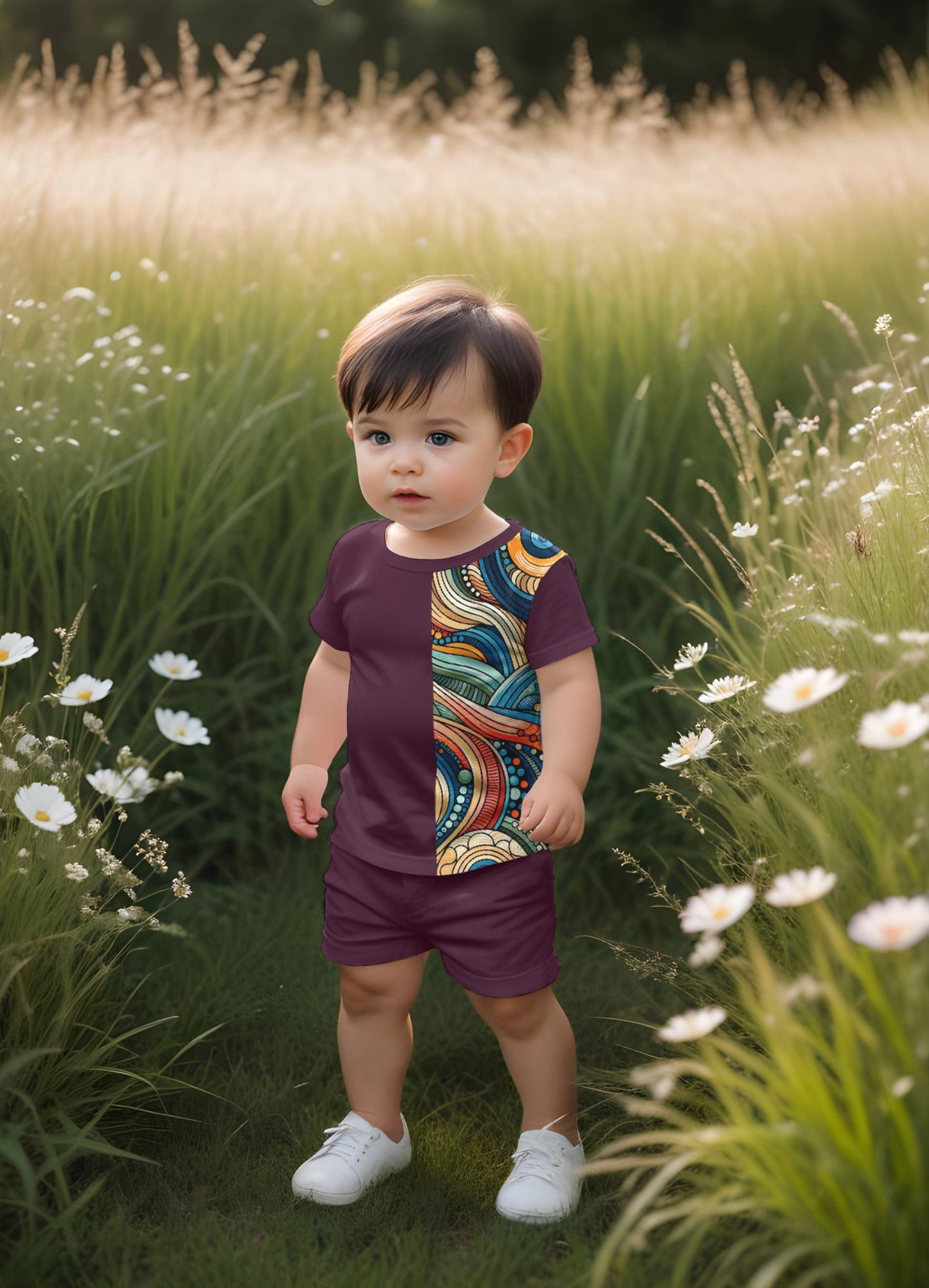 Wine Rembo Printed T-shirt & Short Set For Kids