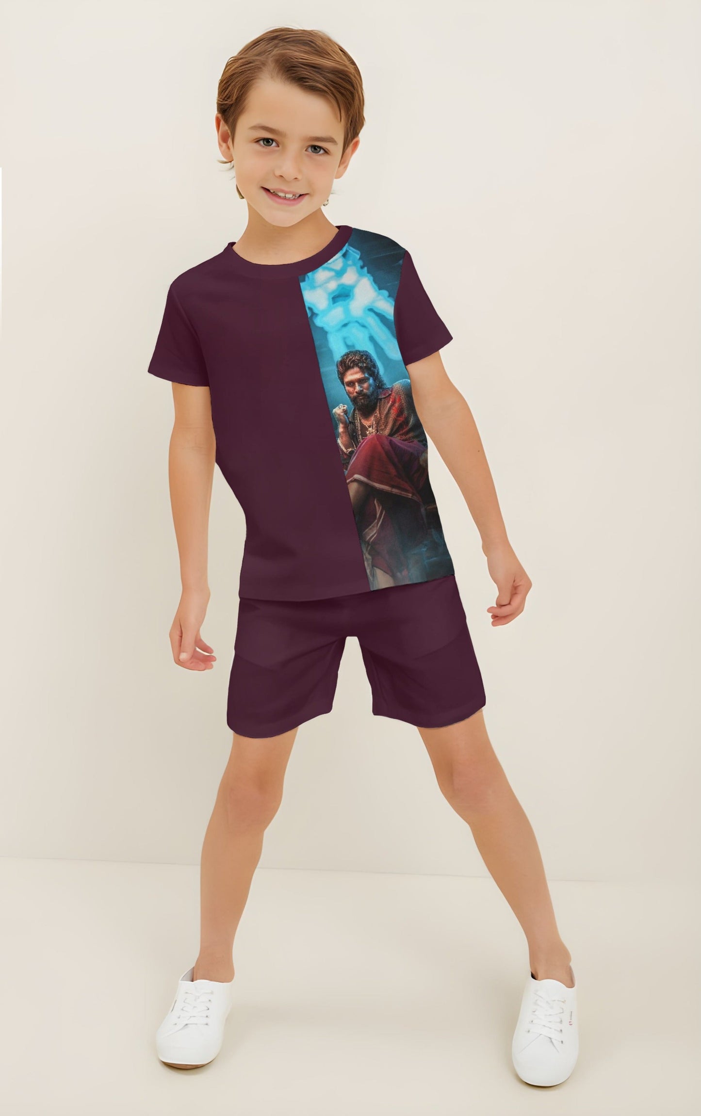 Wine Puspa Printed T-shirt & Short Set For Kids