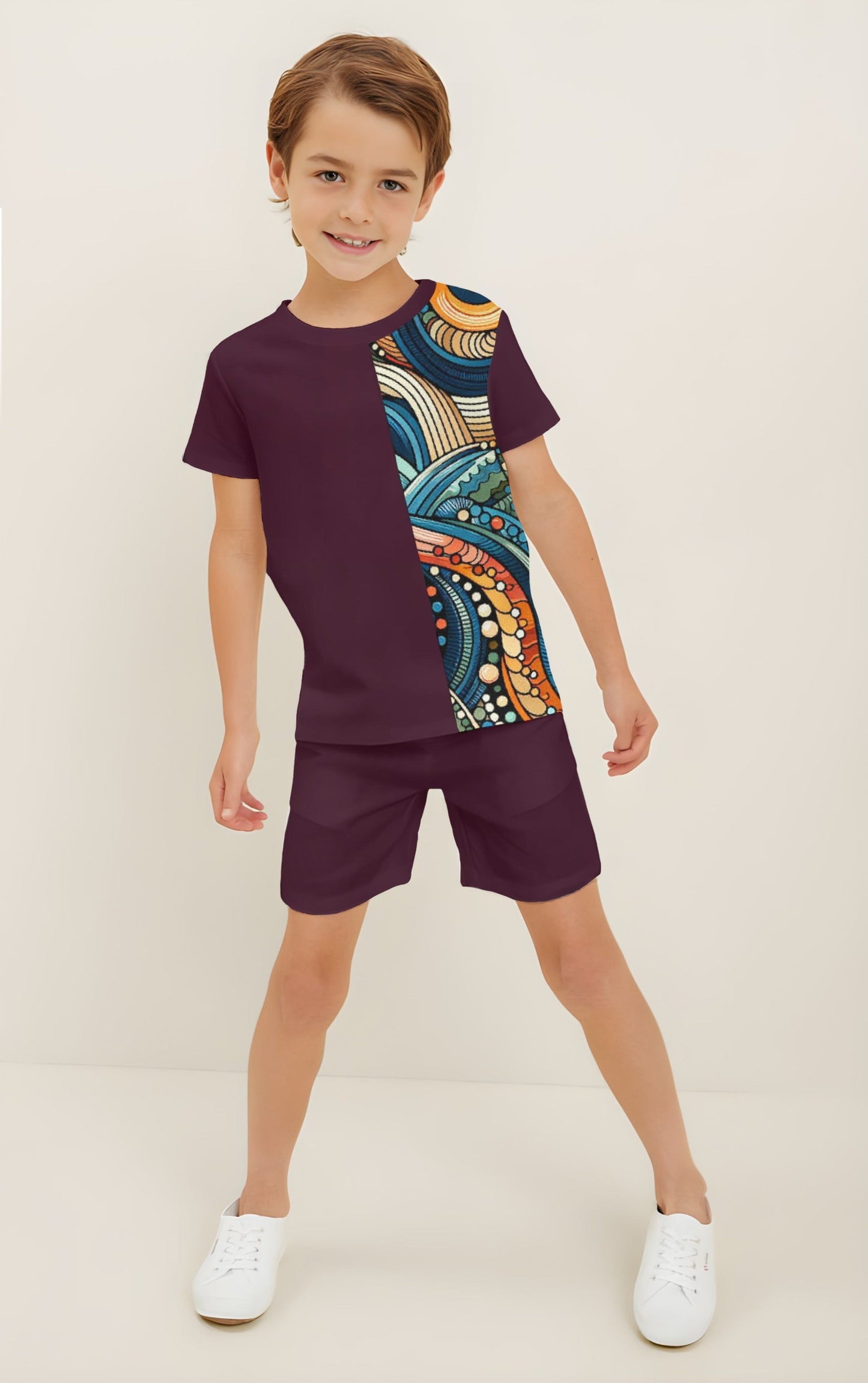 Wine Rembo Printed T-shirt & Short Set For Kids