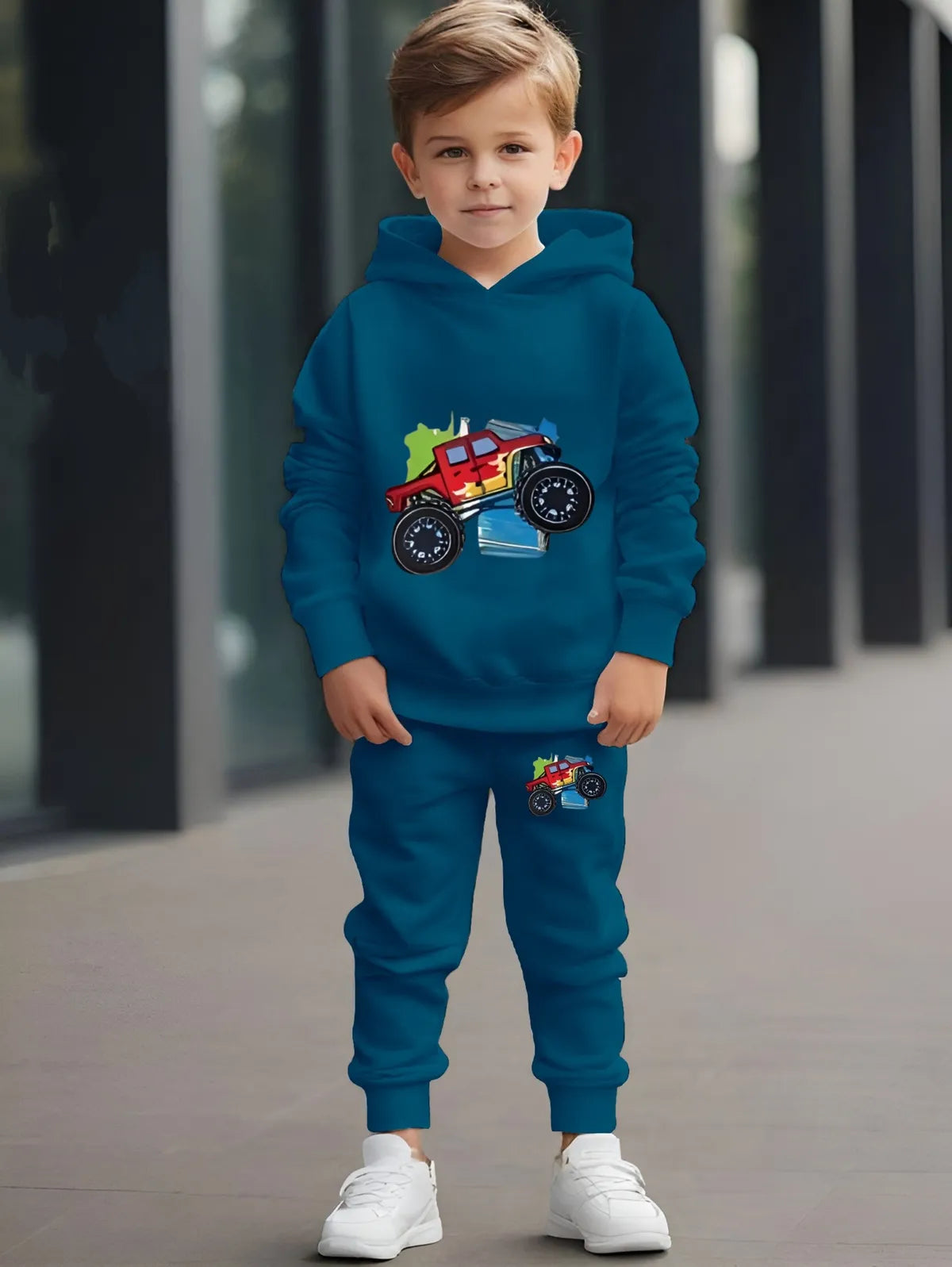 Blue Monster Truck Print Loafer Hoodie Set For Kids | sweats