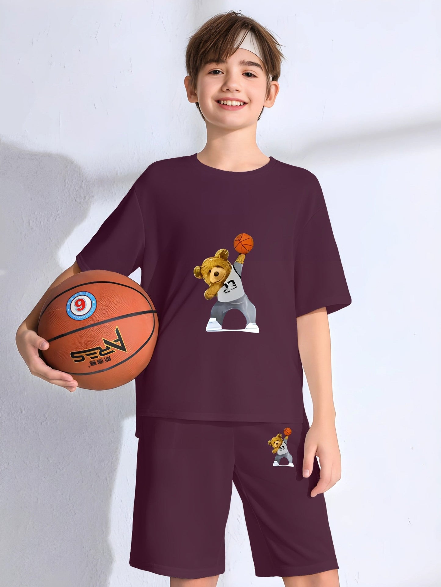 Wine Baskball Bear Printed Co Ord Set