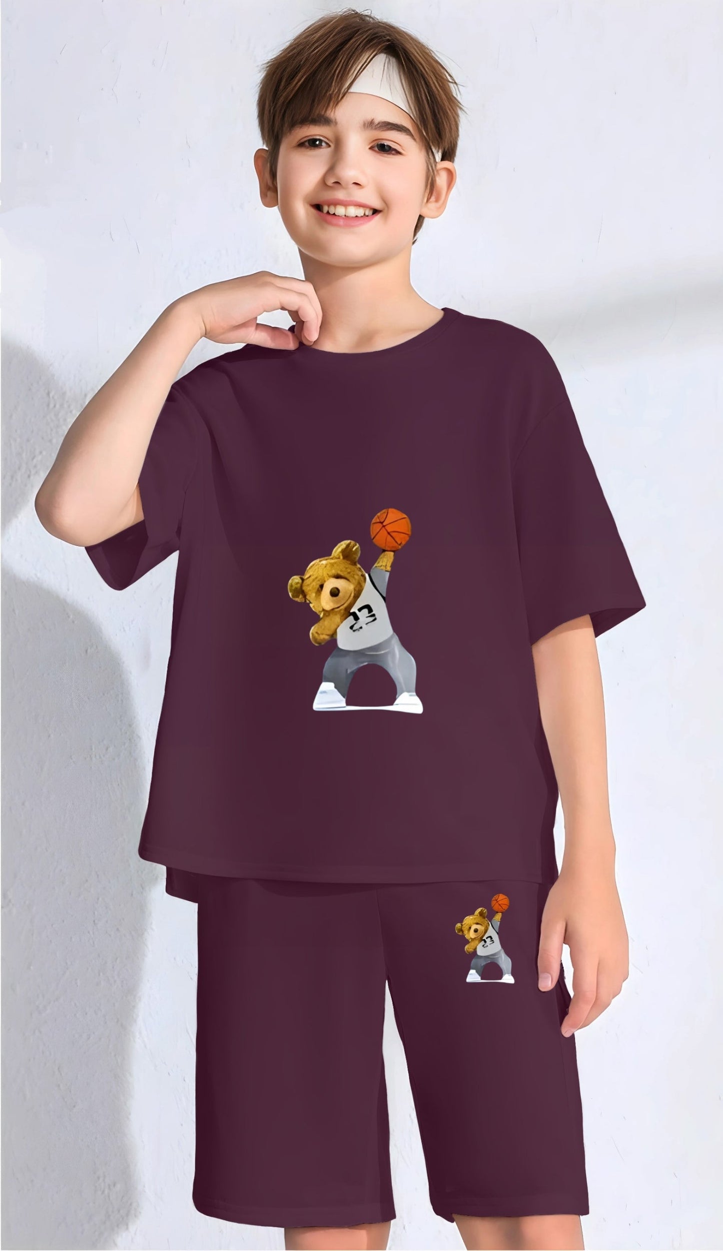 Wine Baskball Bear Printed Co Ord Set