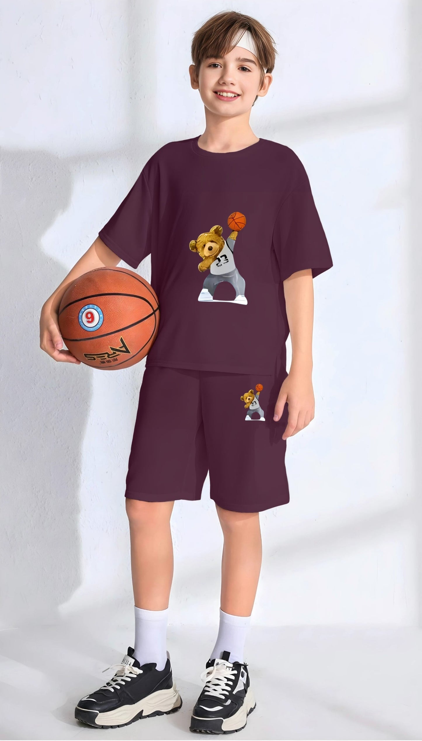 Wine Baskball Bear Printed Co Ord Set