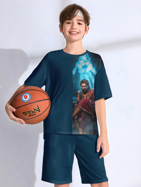 Blue Puspa Printed T-shirt & Short Set For Kids