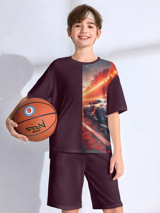 Wine VIP Car Printed T-shirt & Short Set For Kids