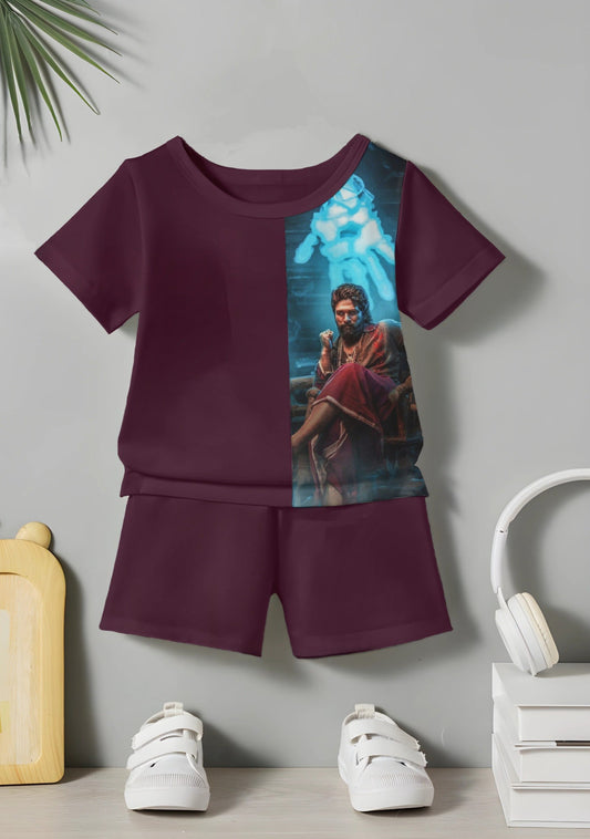 Wine Puspa Printed T-shirt & Short Set For Kids