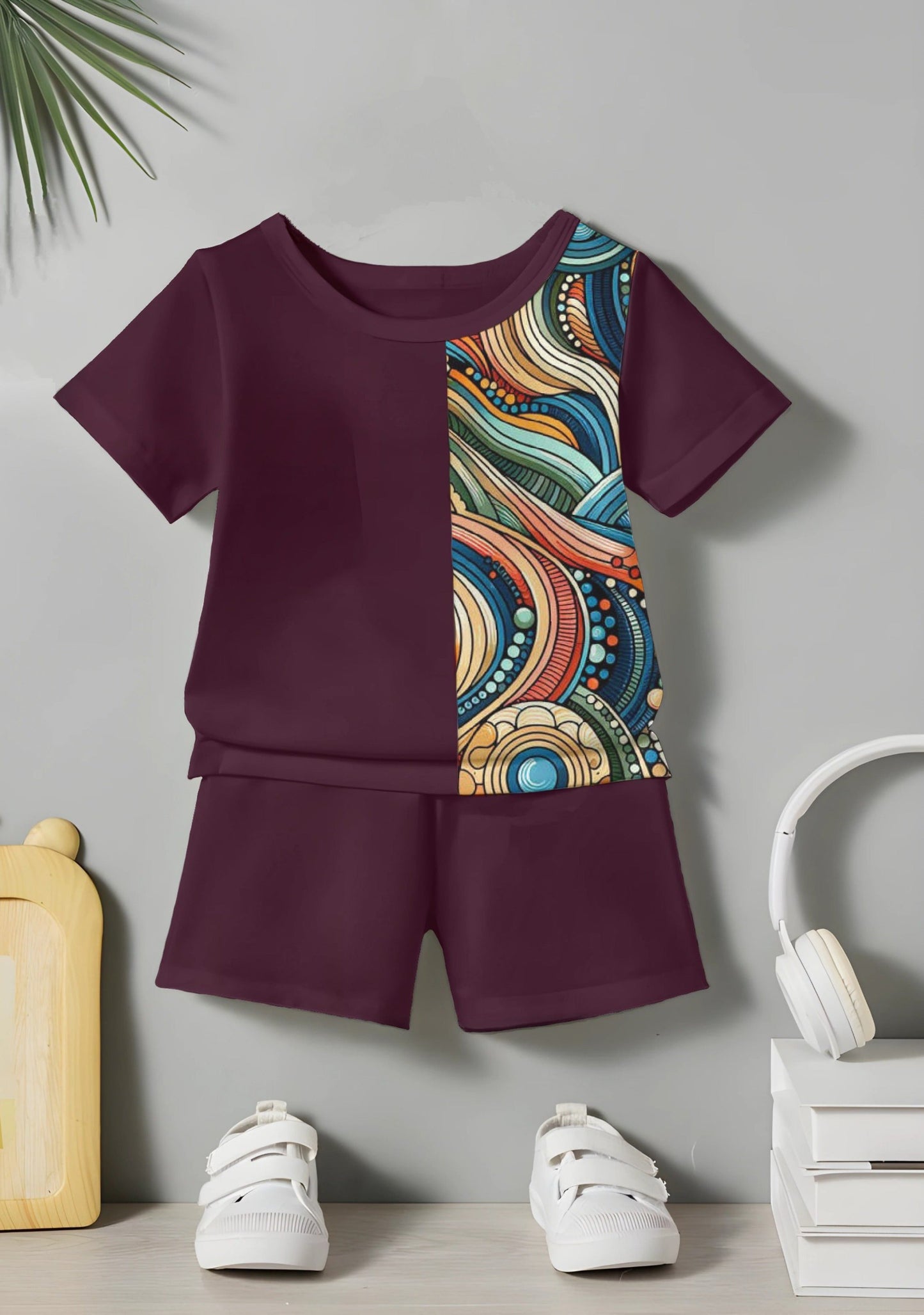 Wine Rembo Printed T-shirt & Short Set For Kids