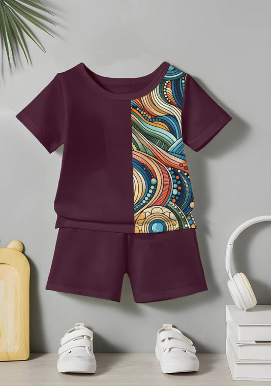 Wine Rembo Printed T-shirt & Short Set For Kids
