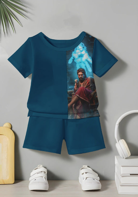 Blue Puspa Printed T-shirt & Short Set For Kids