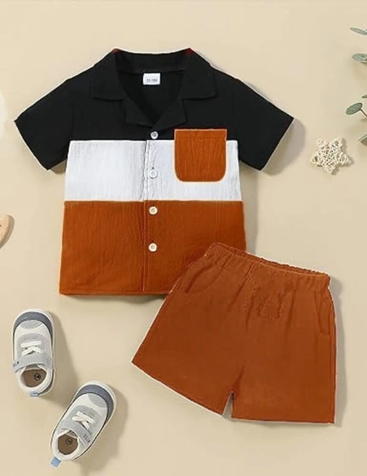 Black Cotton Colorblock Shirt & Shorts For Boys (1-7 Years)