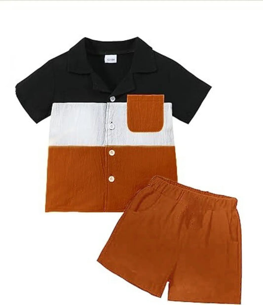 Black Cotton Colorblock Shirt & Shorts For Boys (1-7 Years)