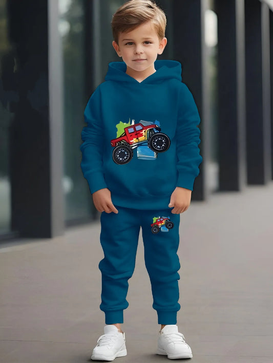 Blue Monster Truck Print Loafer Hoodie Set For Kids | sweats