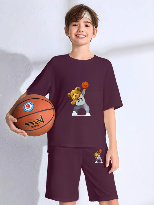 Wine Baskball Bear Printed Co Ord Set