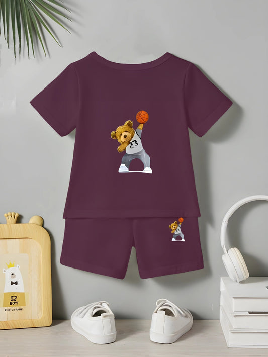 Wine Baskball Bear Printed Co Ord Set