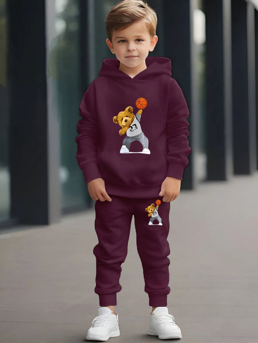 Wine Basketball Bear Print Loafer Hoodie Set For Kids | sweatshirt and Track Pant for Boys