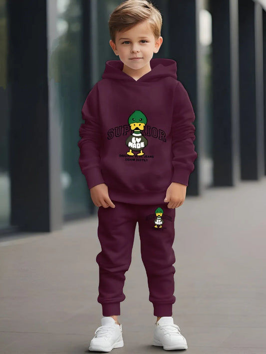 Wine Duck Print Loafer Hoodie Set For Kids | Sweatshirt & Tr