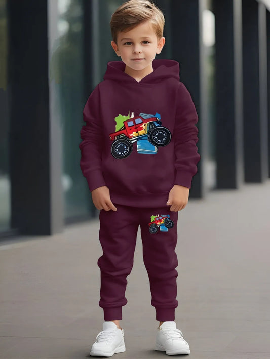 Wine Monster Truck Print Loafer Hoodie Set For Kids | sweats