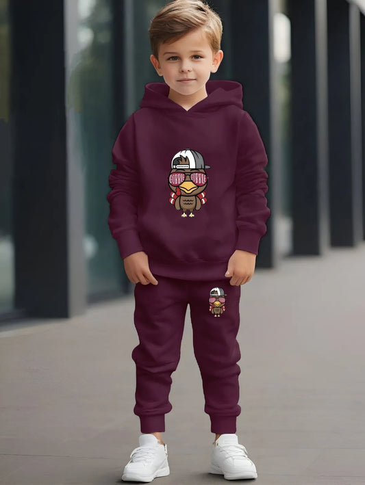 Wine Cool Bird Print Loafer Hoodie Set For Kids | sweatshirt